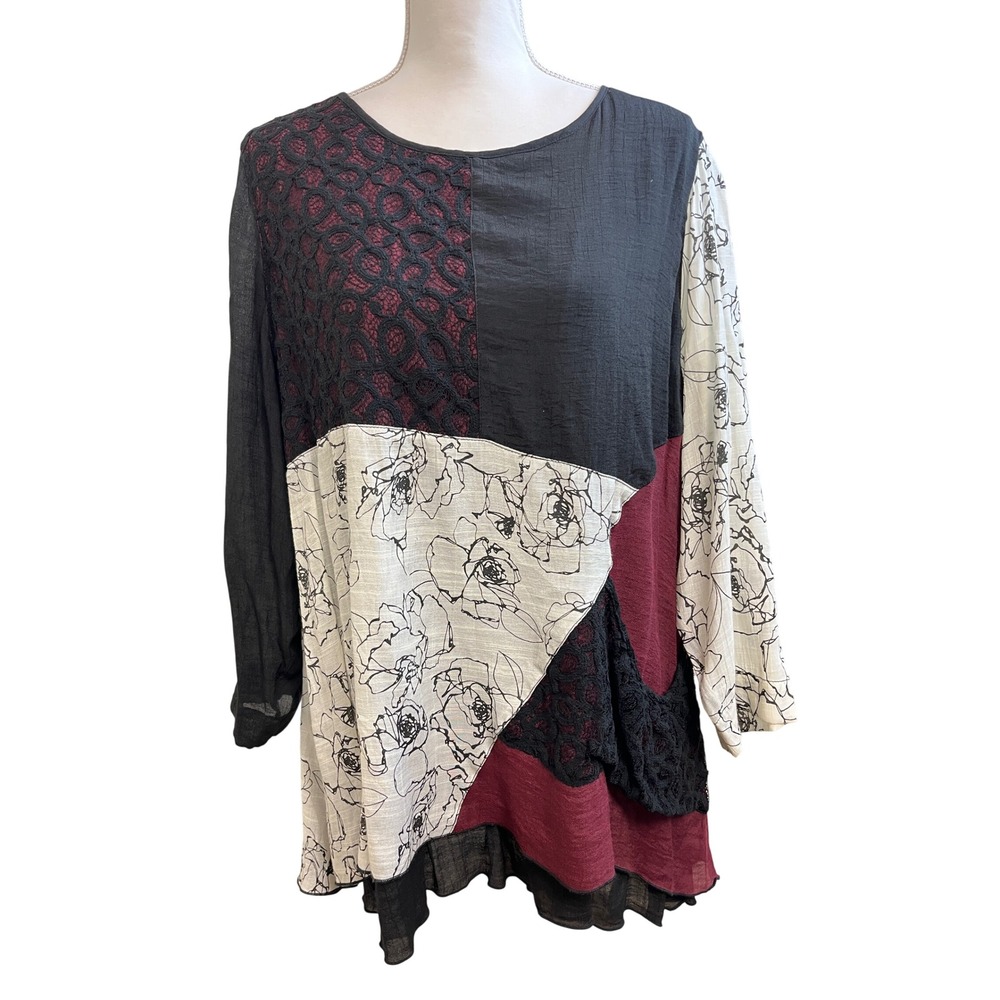 ALI MILES Tunic Top 1X Burgundy Floral Patchwork Lace Artistic Lagenlook Artsy